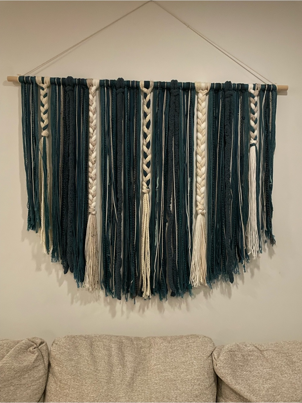 Handmade Teal and Cream Macramé Wall Hanging
